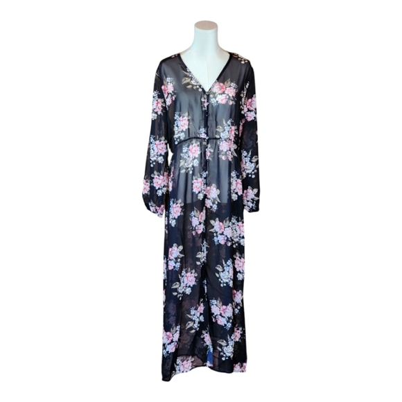 Mod/x Sheer Black Floral Maxi Dress Long Sleeve Boho Button Front Cover-Up L - Picture 1 of 9